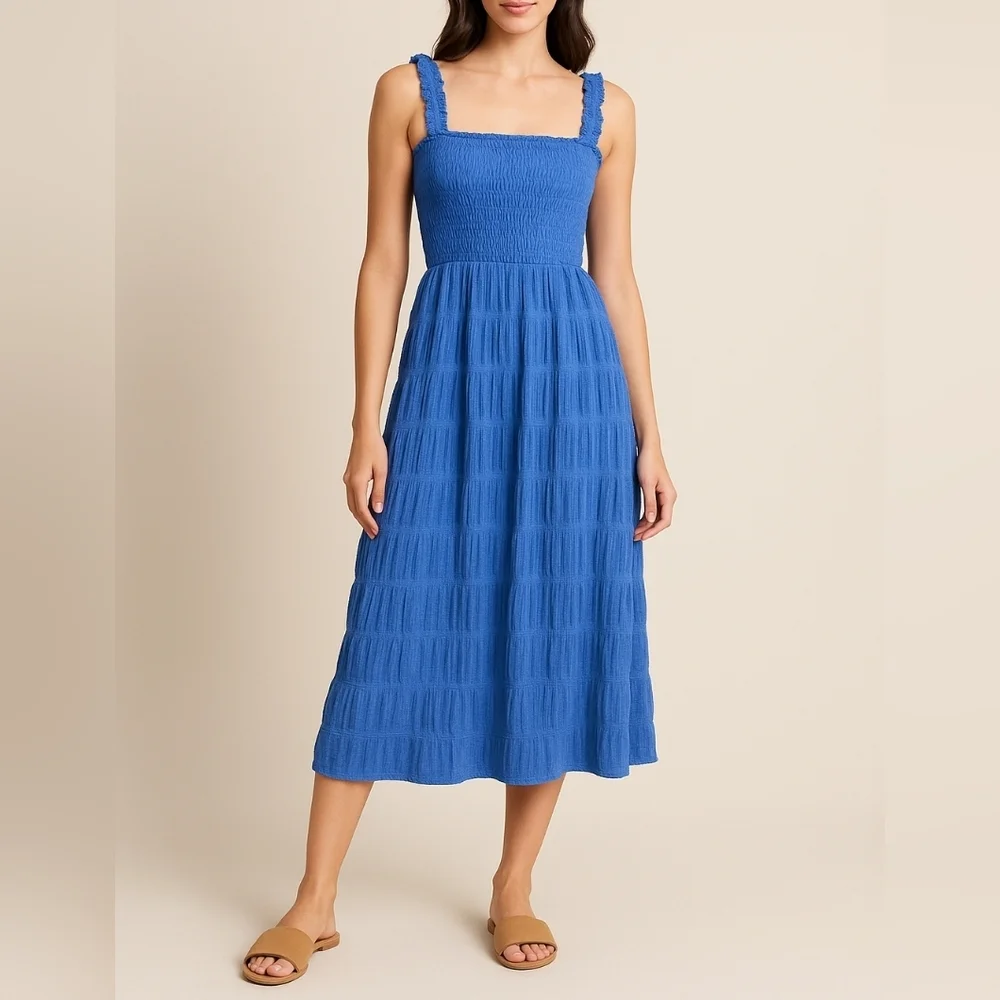 Max Studio Smocked Cotton Stretch Maxi Dress Size L/XL Cottage Boho  Feminine